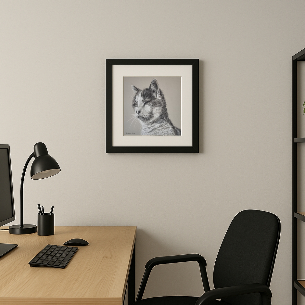 Pebbles - Framed cat portrait drawing