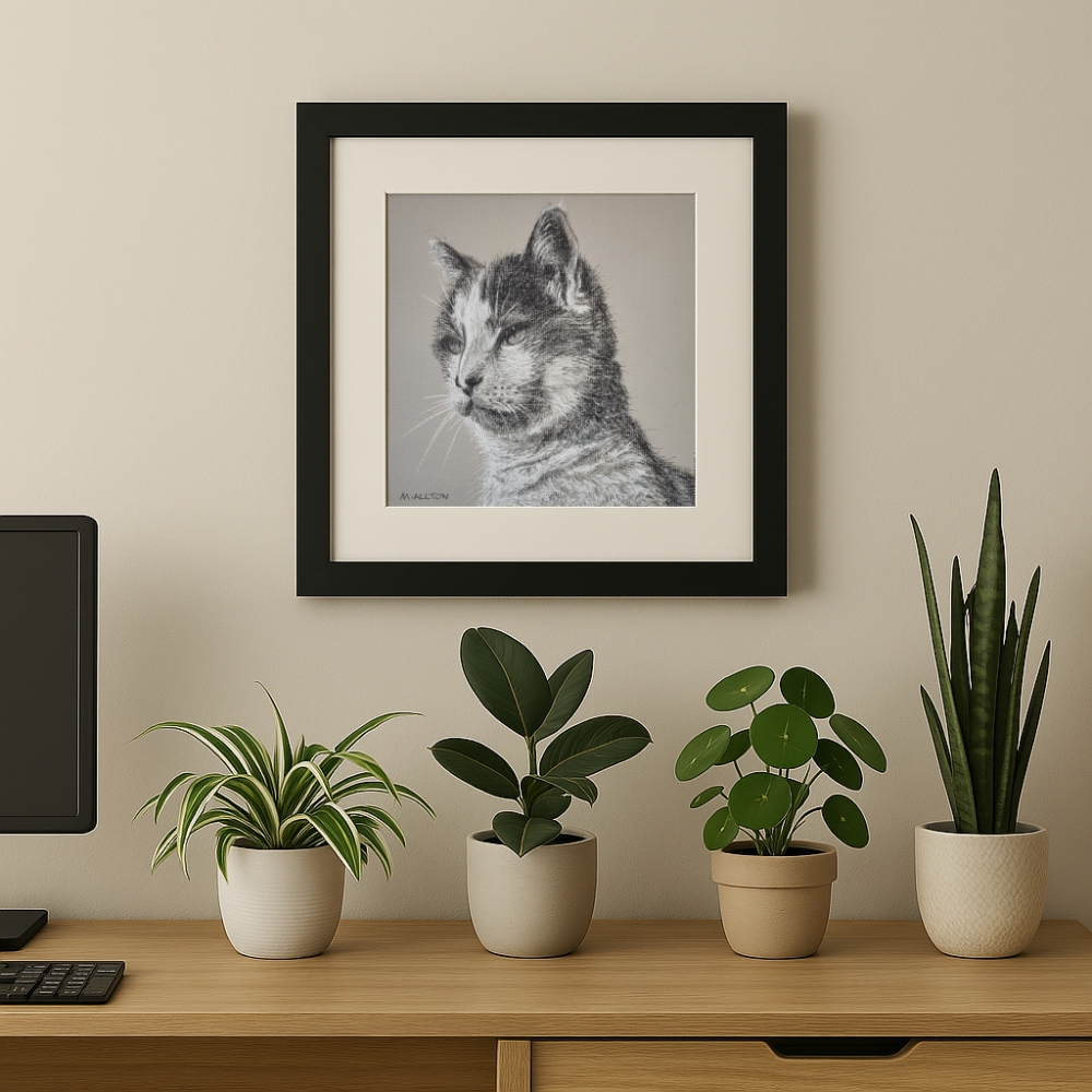 Pebbles - Framed cat portrait drawing