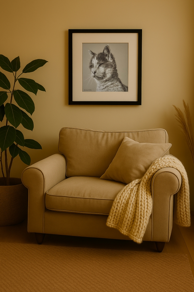 Pebbles - Framed cat portrait drawing