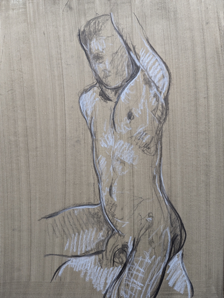 Male seated, March 2023, A3, Charcoal on wash