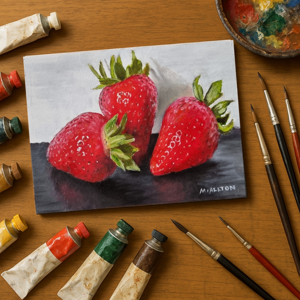 Strawberries - Small Original Still Life Oil Painting by Matthew Allton