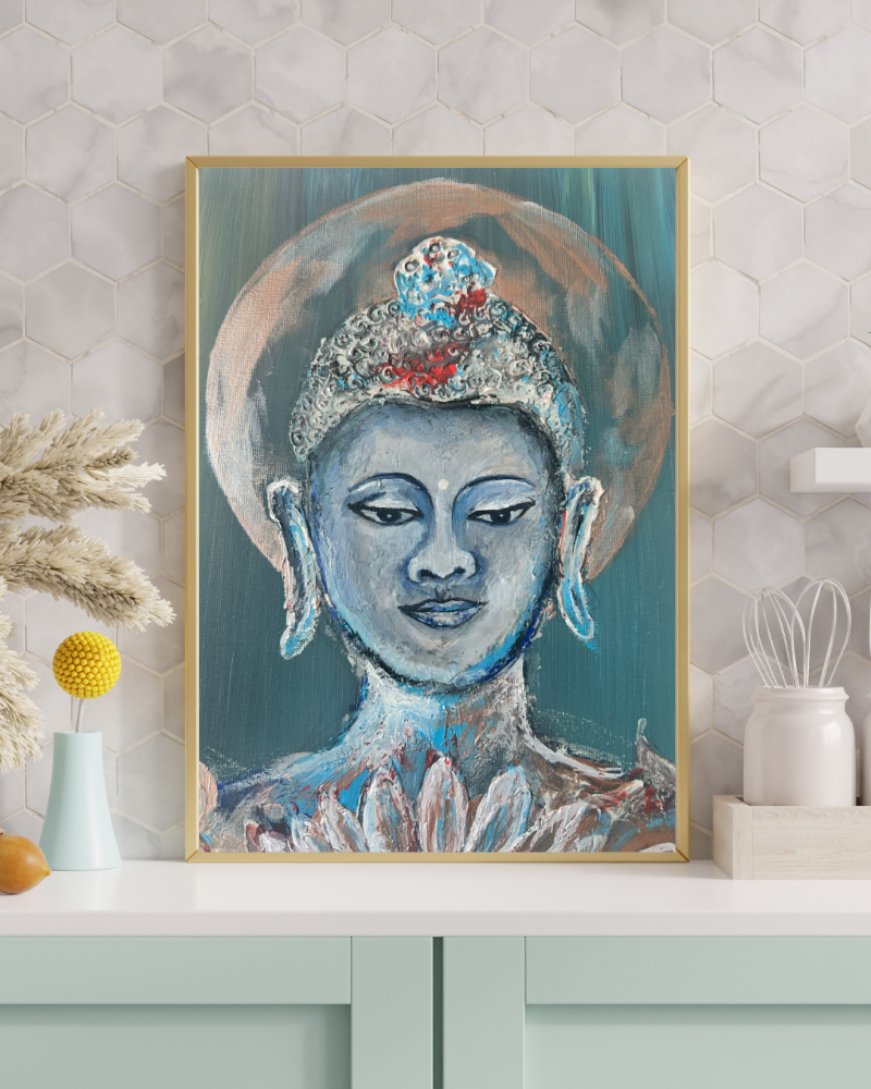 Hand-Painted Buddha Wall Art | Meditative Zen Home Decor | Spiritual Blue Buddha Painting | 16×12 Inch Canvas Wall Hanging