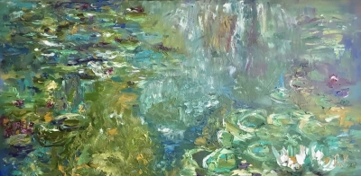 Pond of Serenity Original Monet-Inspired Lilies Pond Impasto Painting, 40x80 cm, Stretched Canvas