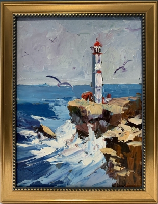 Seascape with lighthouse and waves