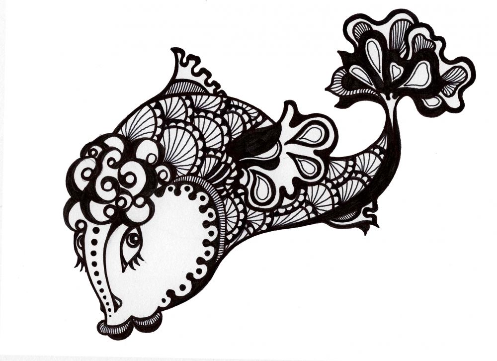 Black and White Abstract Fish Drawing with Floral Details, Matted