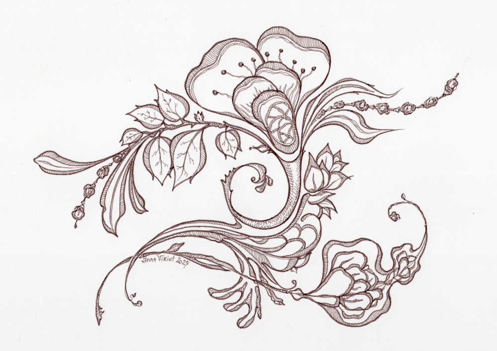 Brown Floral Line Art Drawing on White Background