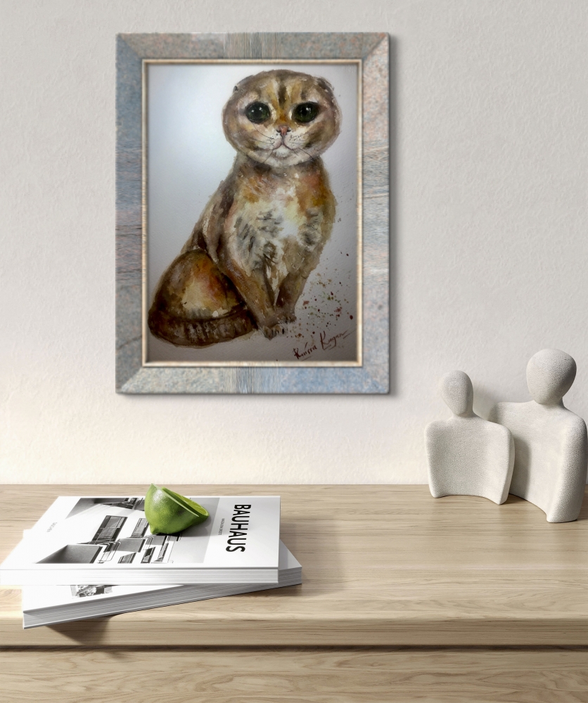 Scottish Fold Cat Original Watercolor – Hand-Painted Pet Portrait