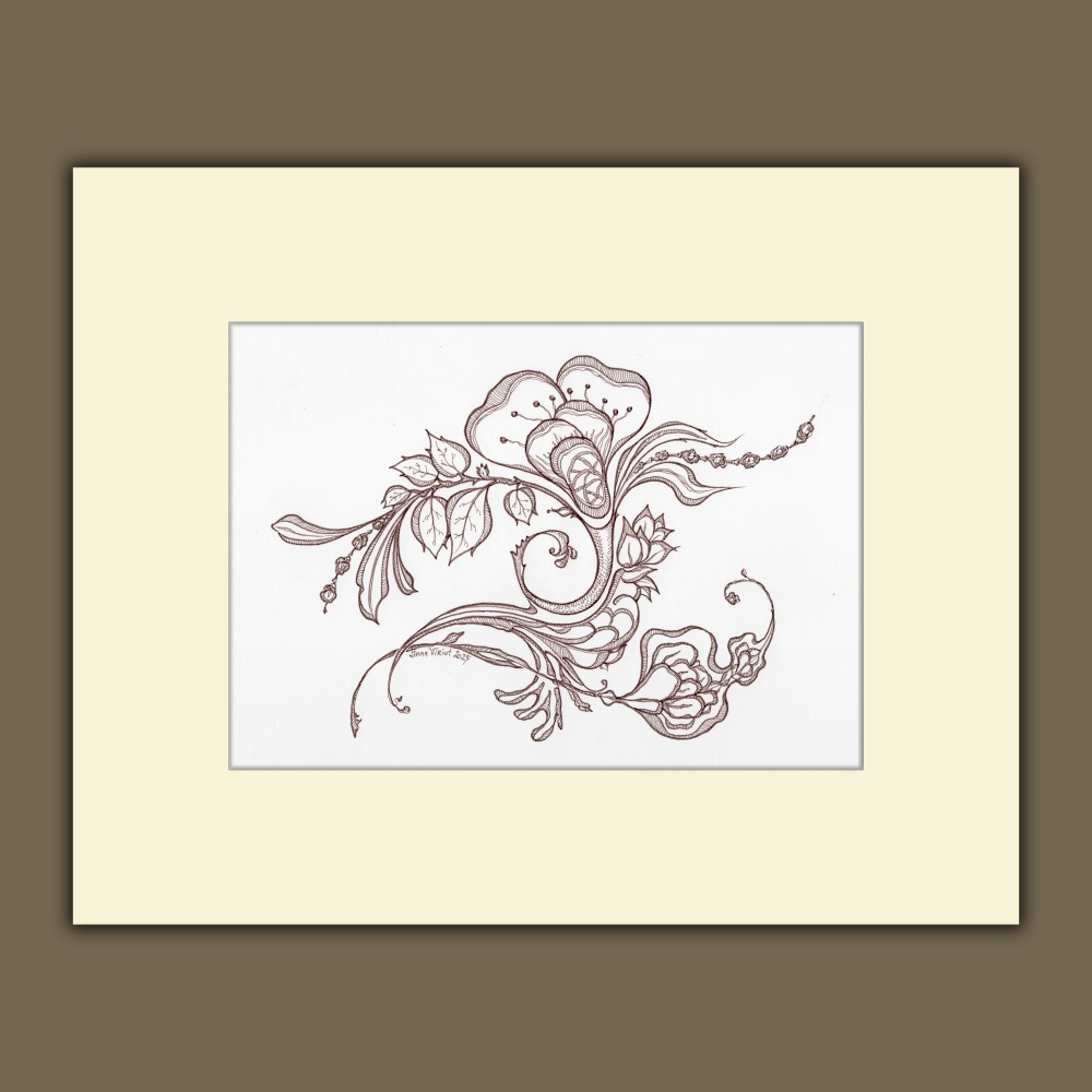 Brown Floral Line Art Drawing on White Background
