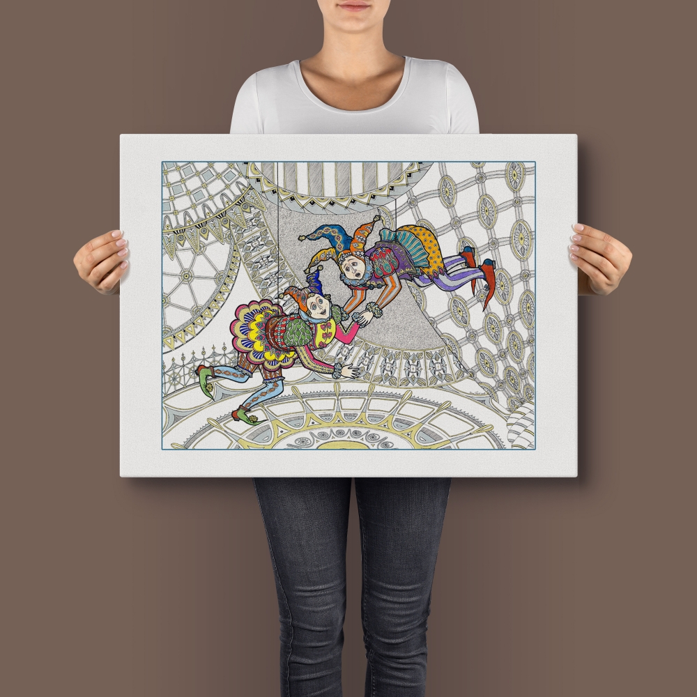 Whimsical Jesters in Colorful Costumes with Intricate Architectural Design
