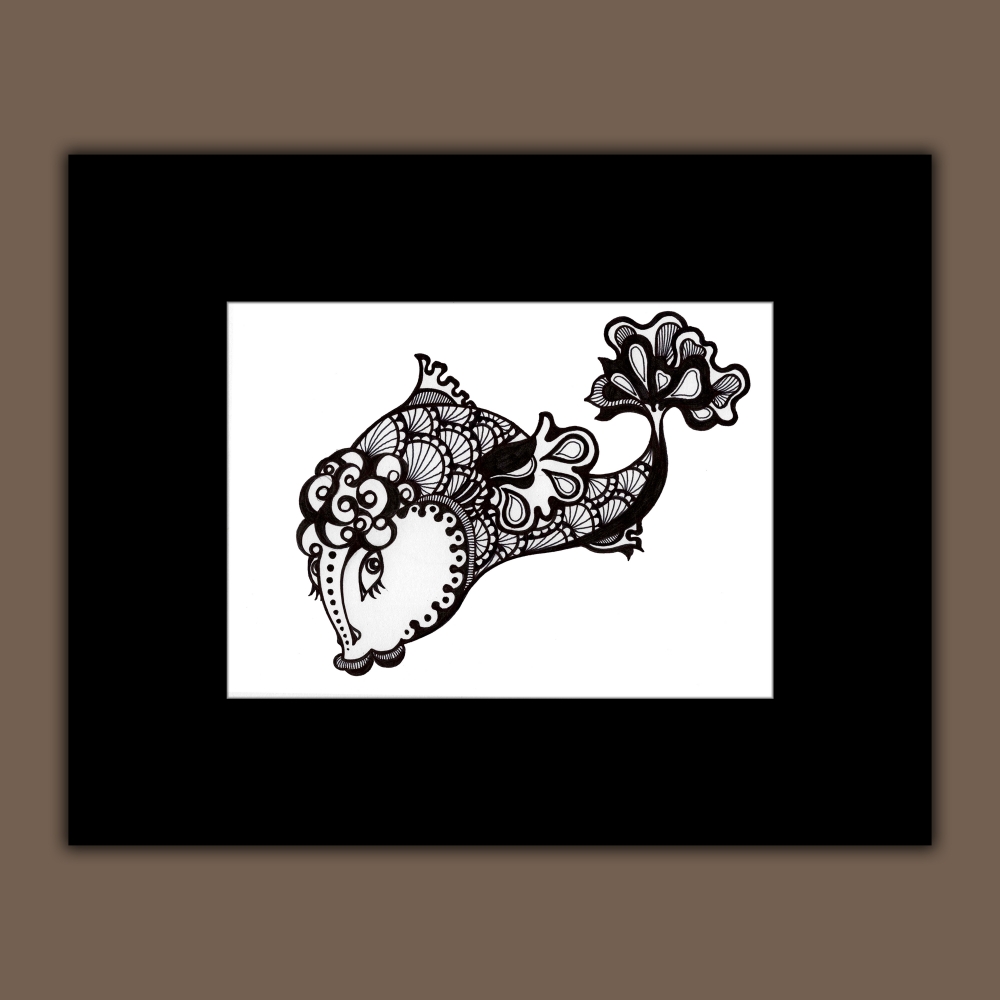 Black and White Abstract Fish Drawing with Floral Details, Matted