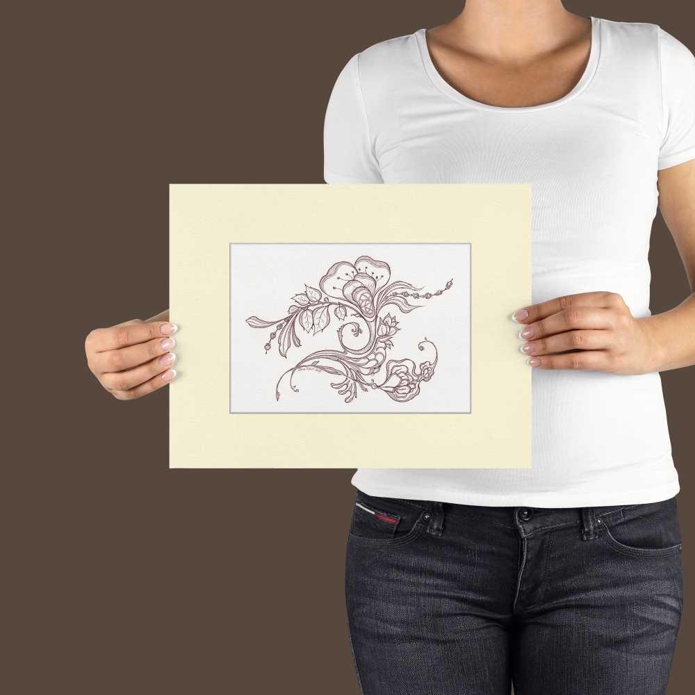 Brown Floral Line Art Drawing on White Background