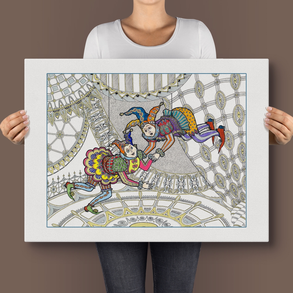 Whimsical Jesters in Colorful Costumes with Intricate Architectural Design