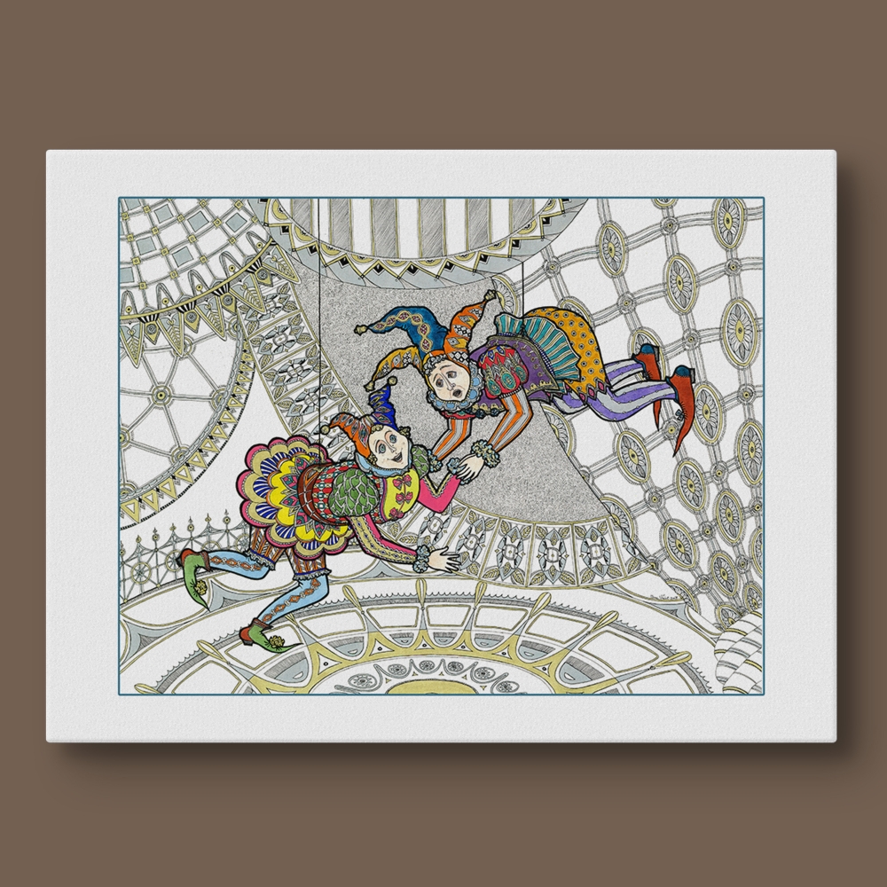 Whimsical Jesters in Colorful Costumes with Intricate Architectural Design