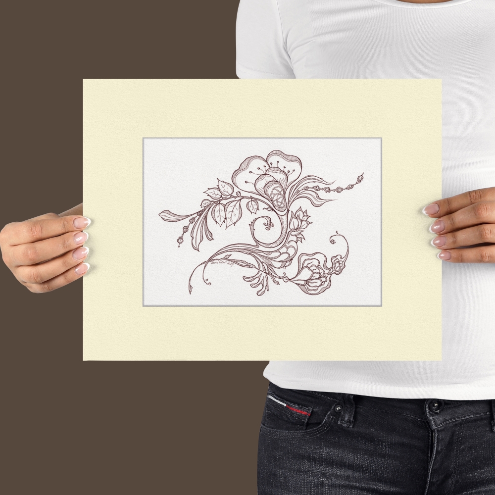 Brown Floral Line Art Drawing on White Background