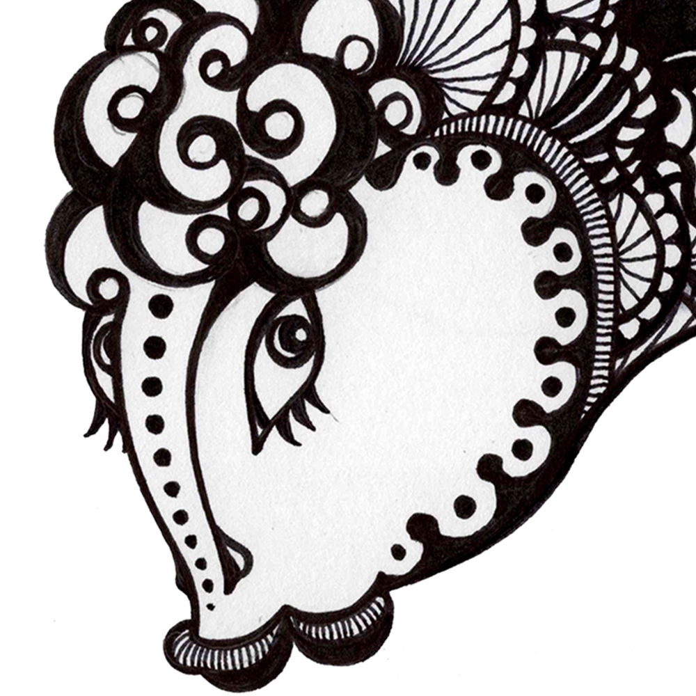 Black and White Abstract Fish Drawing with Floral Details, Matted