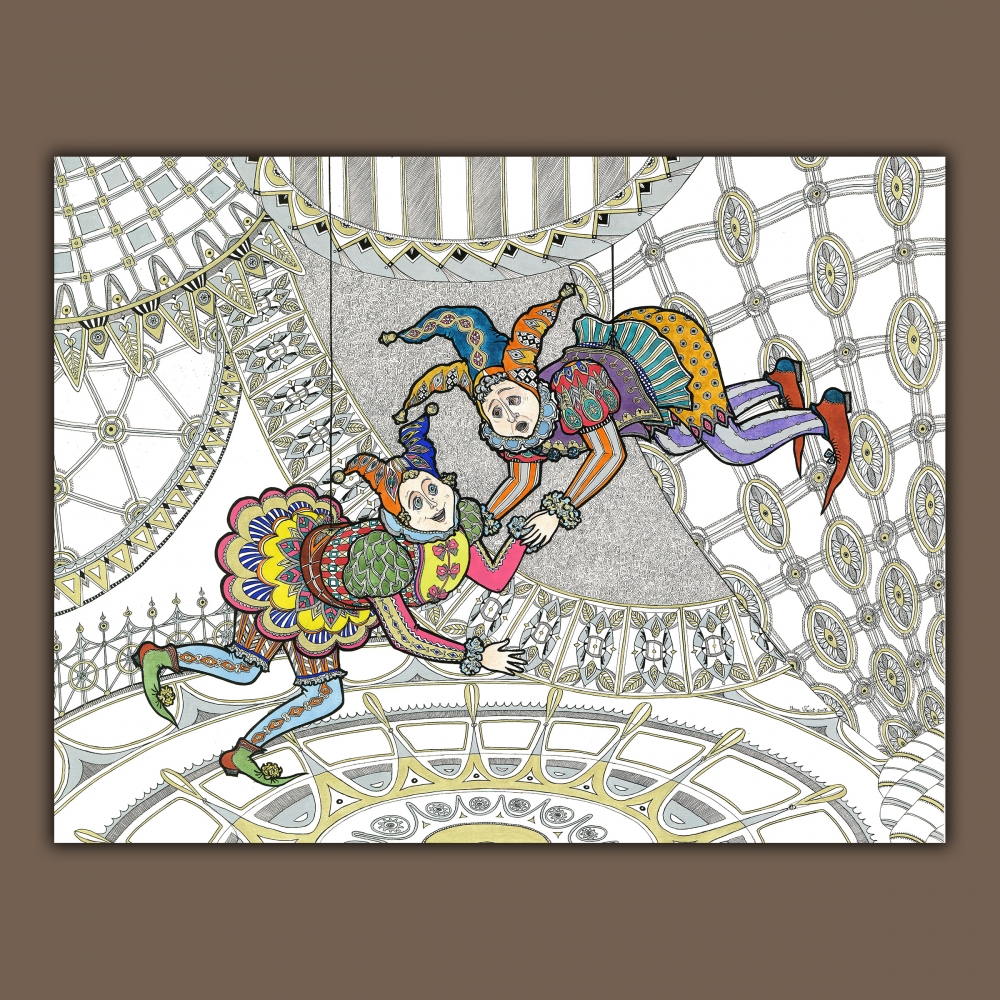 Whimsical Jesters in Colorful Costumes with Intricate Architectural Design