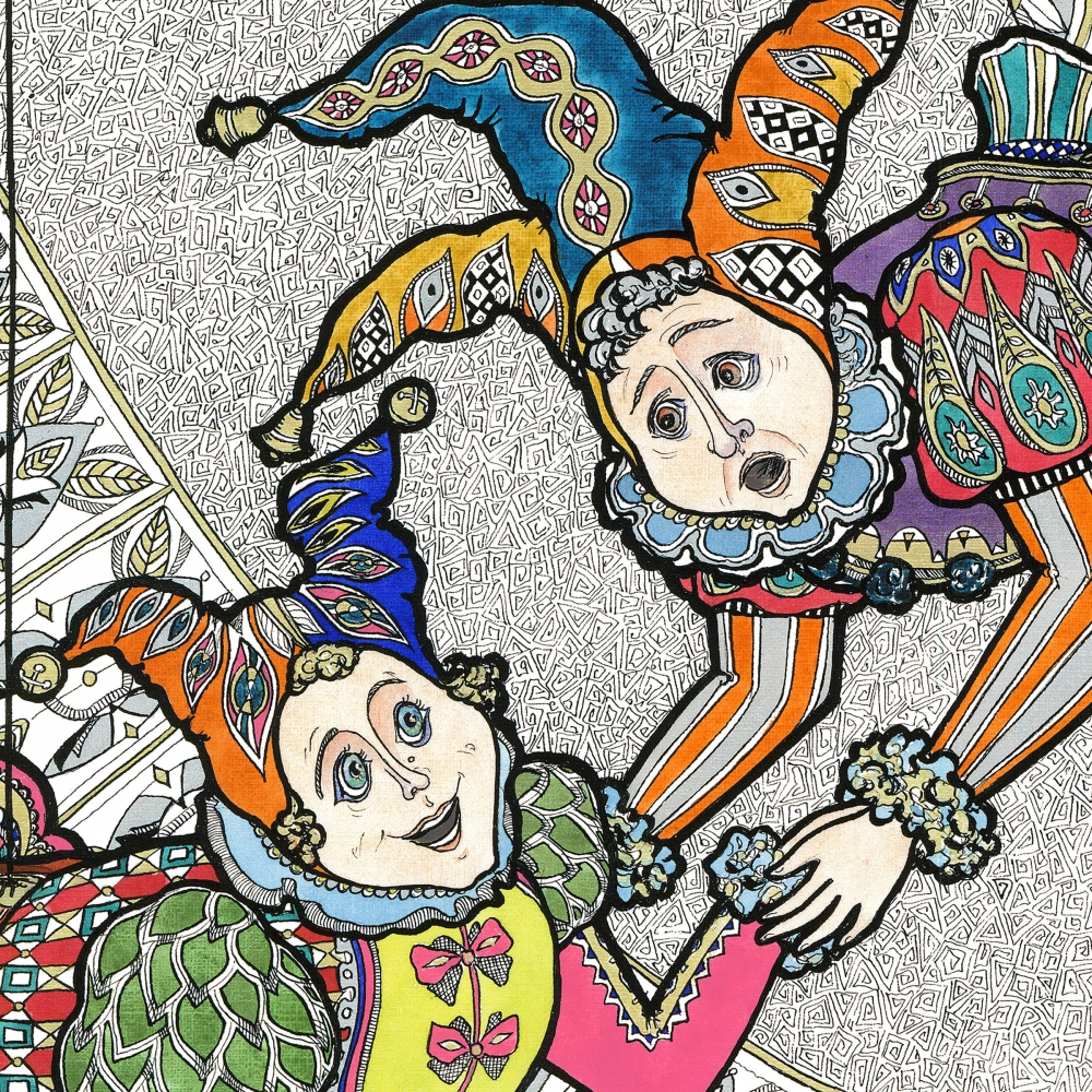 Whimsical Jesters in Colorful Costumes with Intricate Architectural Design