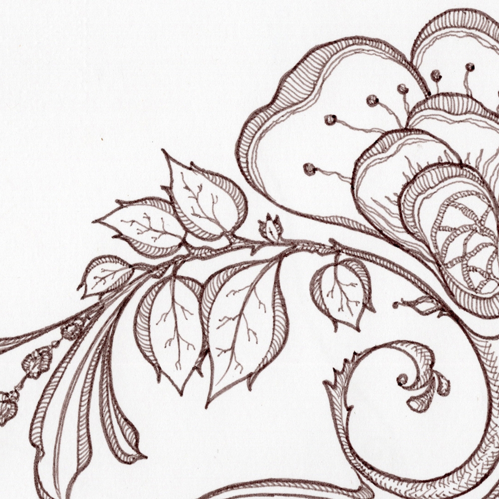 Brown Floral Line Art Drawing on White Background