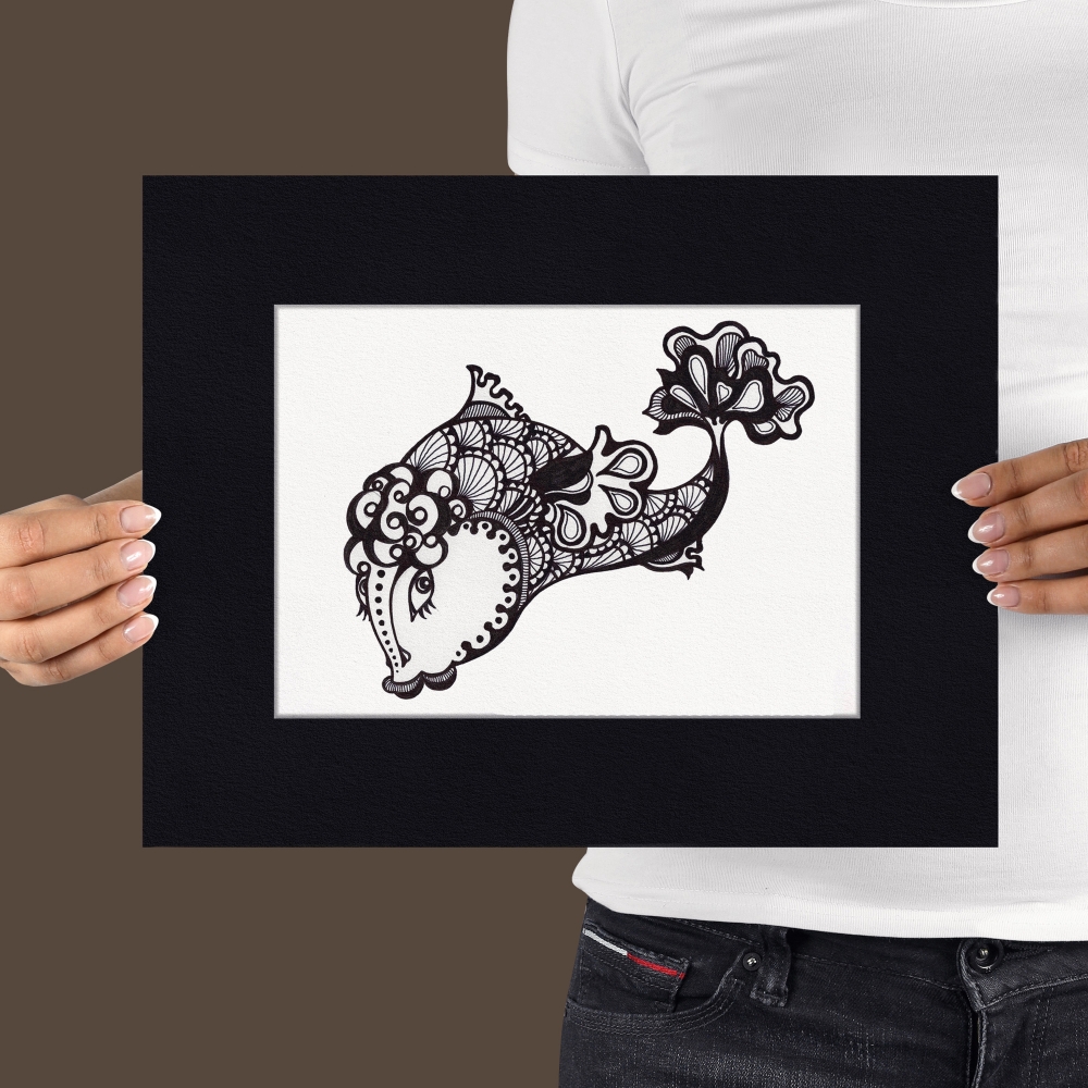 Black and White Abstract Fish Drawing with Floral Details, Matted