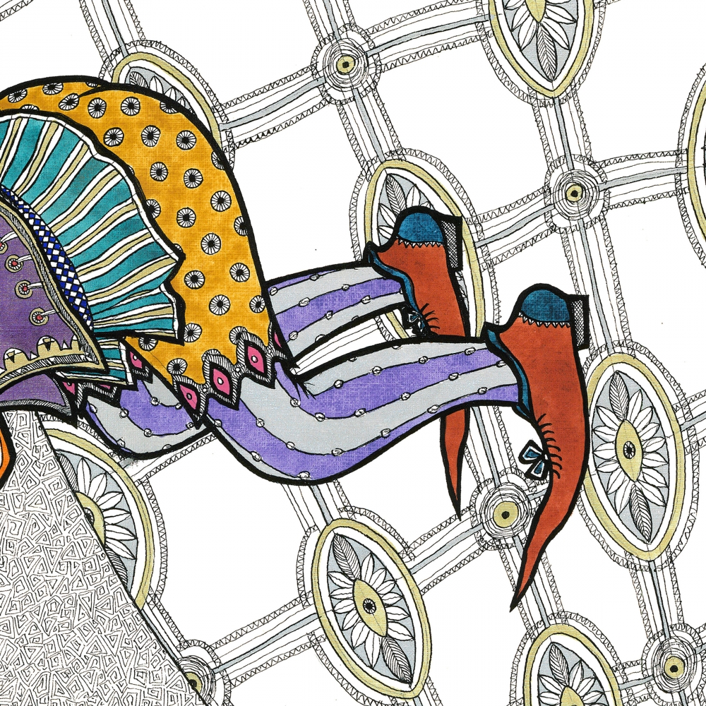 Whimsical Jesters in Colorful Costumes with Intricate Architectural Design