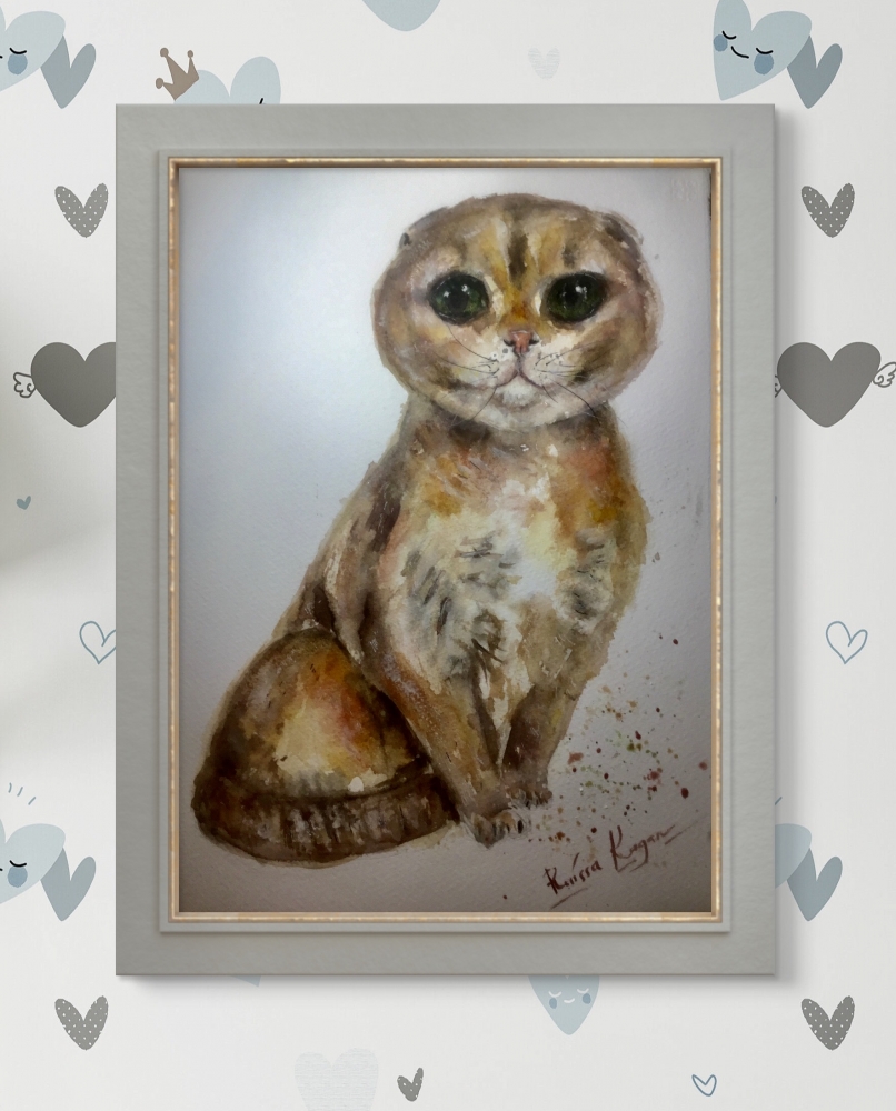Scottish Fold Cat Original Watercolor – Hand-Painted Pet Portrait