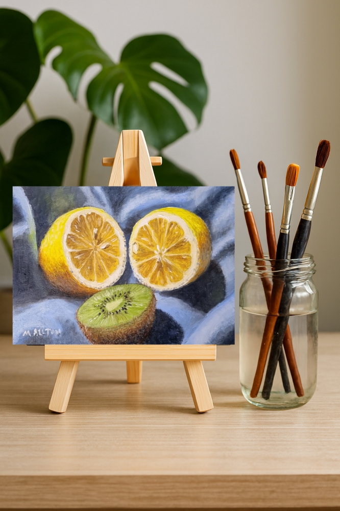 Lemon and Kiwi Fruit on Blue Cloth