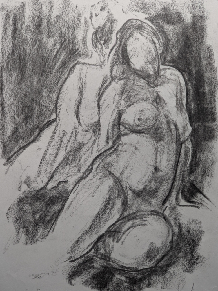 Two female figures, December 2018, A3, Charcoal on paper
