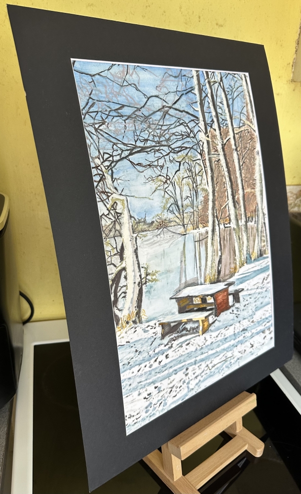 A3 Acrylic painting . Veiw from a bench table of a Frozen lake 