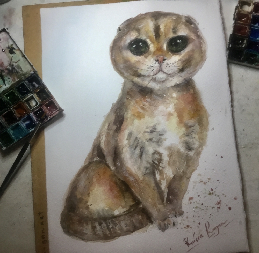 Scottish Fold Cat Original Watercolor – Hand-Painted Pet Portrait