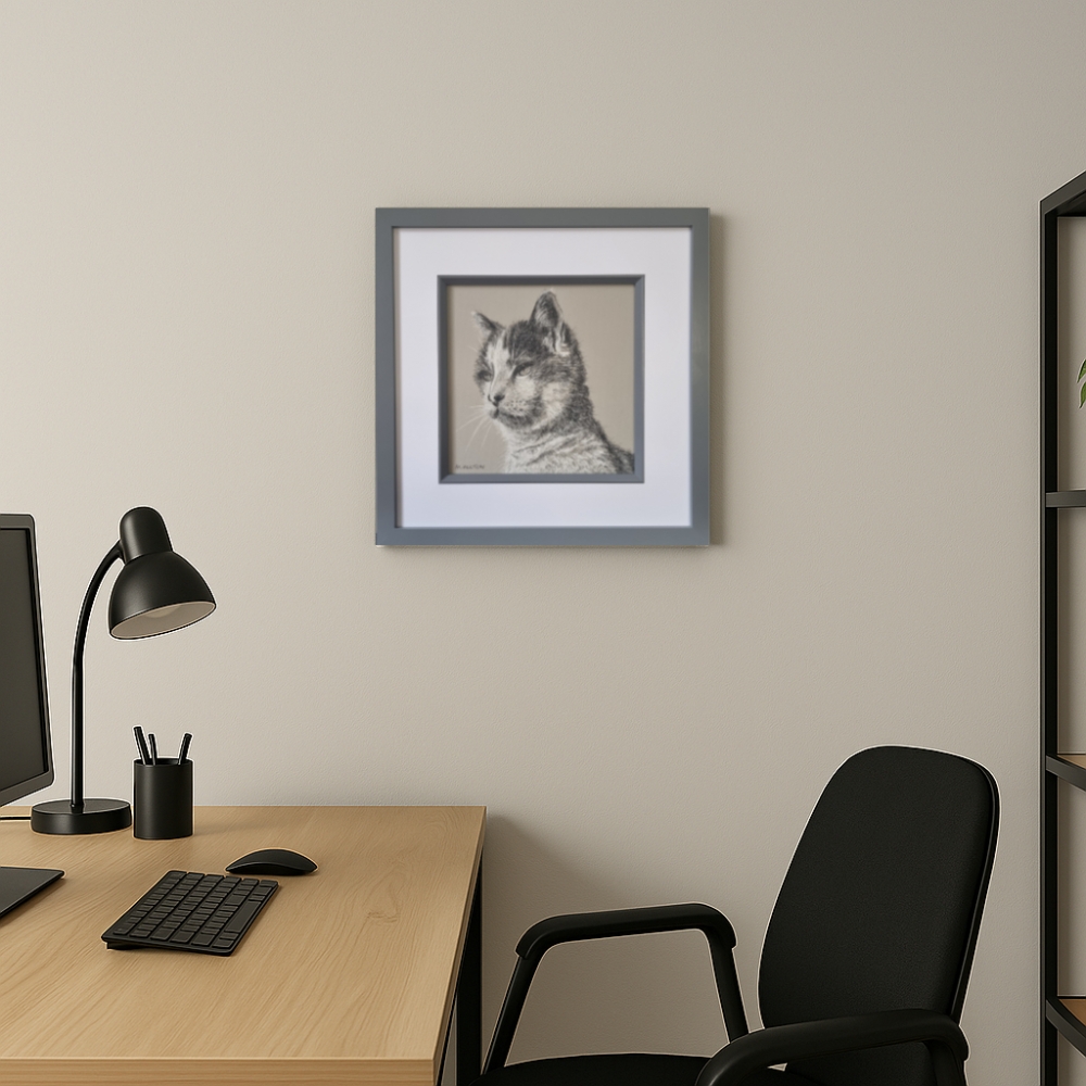 Pebbles - Framed cat portrait drawing