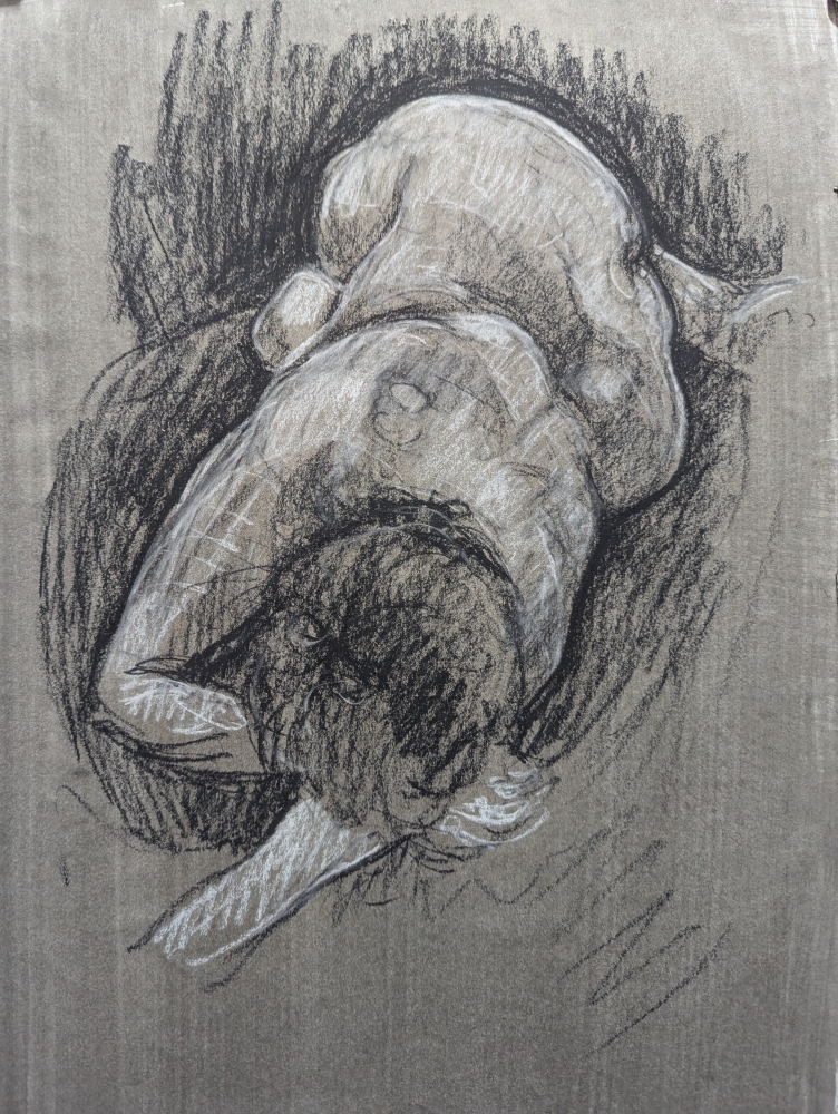 Femal figure lying, 2018, A3, Charcoal on paper