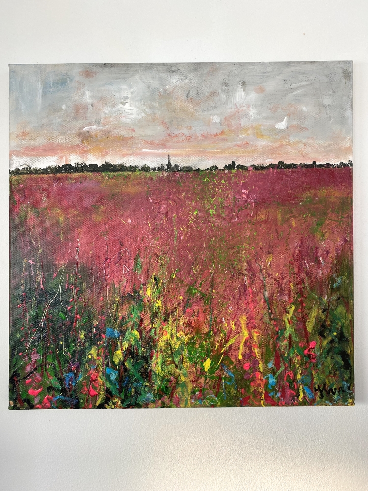Pink Fields of Rosebay Willowherb distant church