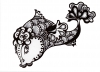 Black and White Abstract Fish Drawing with Floral Details, Matted