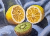 Lemon and Kiwi Fruit on Blue Cloth