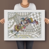 Whimsical Jesters in Colorful Costumes with Intricate Architectural Design