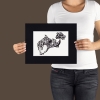 Black and White Abstract Fish Drawing with Floral Details, Matted
