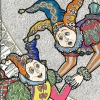 Whimsical Jesters in Colorful Costumes with Intricate Architectural Design