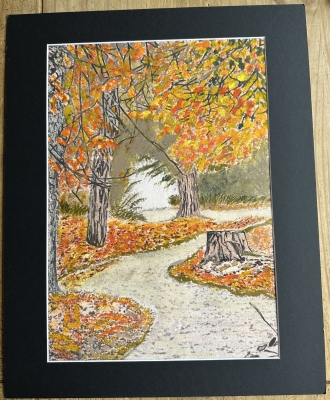 Acrylic painting on A 3 paper . Autumn sunset over a woodland footpath 
