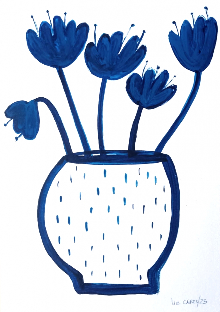 Five flowers in a vase and Blue plant