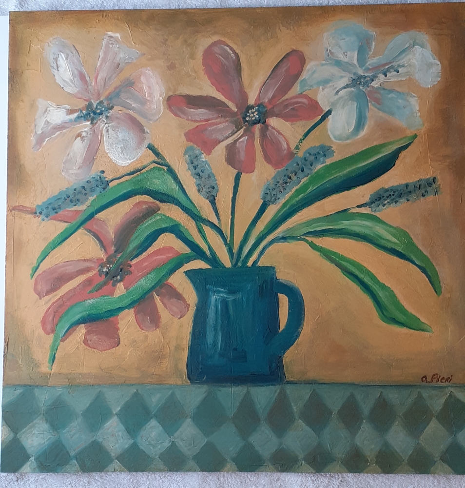 Flowers in a blue jug