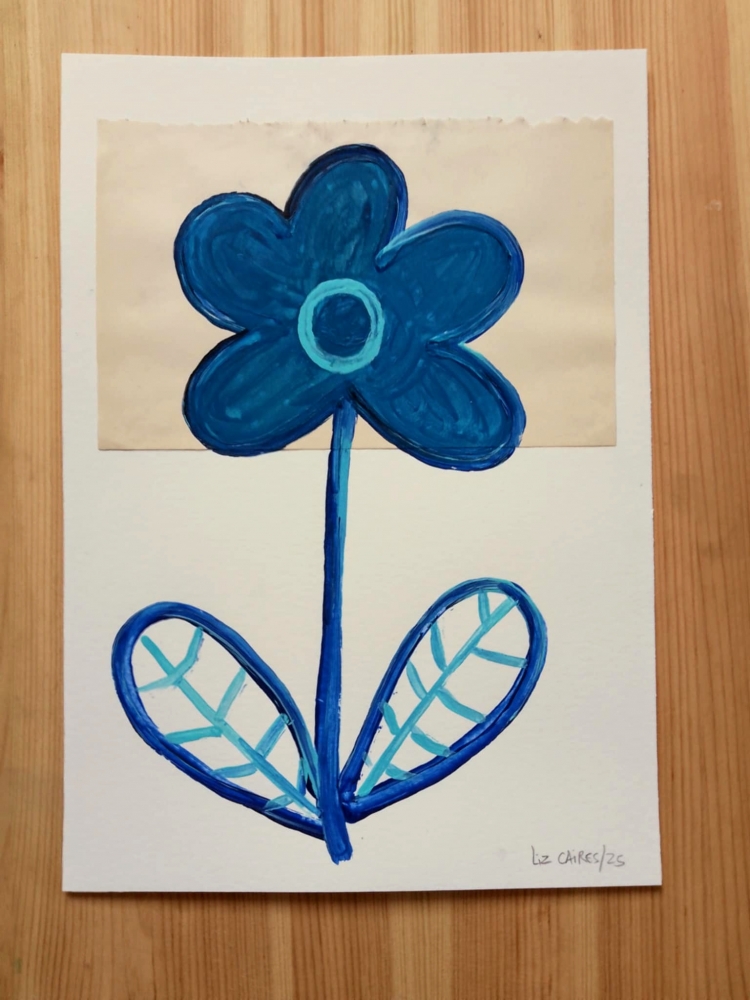 Five flowers in a vase and Blue plant