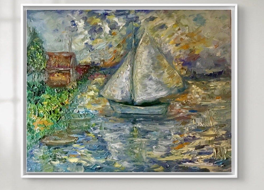 Silent Voyage at Sunset – Impasto Oil Painting on Canvas (40x50 cm)