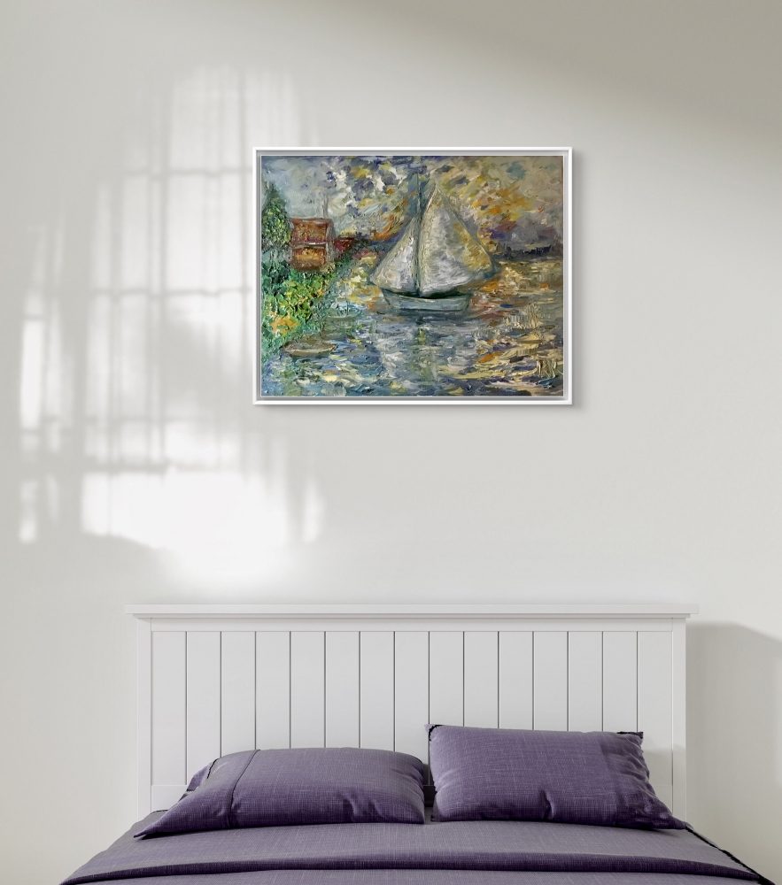 Silent Voyage at Sunset – Impasto Oil Painting on Canvas (40x50 cm)