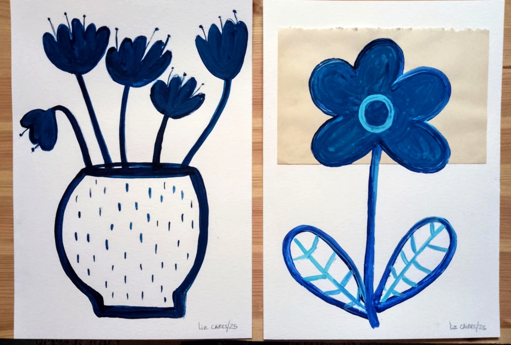 Five flowers in a vase and Blue plant