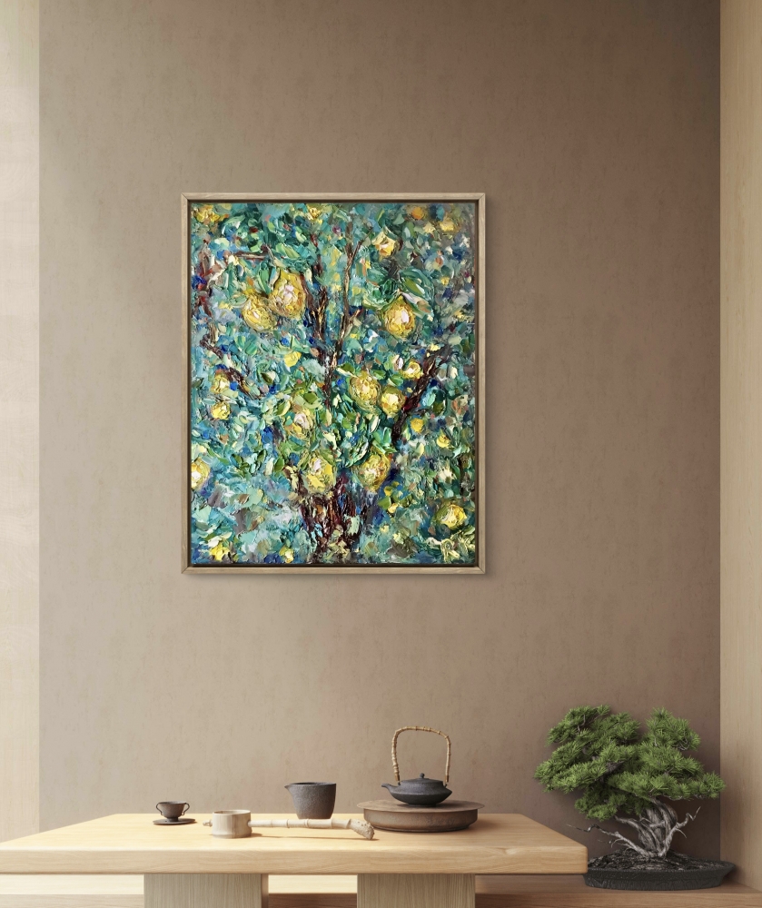 Citrus Garden – Lemon Tree Textured Oil Painting, Original Impasto Art on Stretched Canvas, 40x50 cm Handmade Artwork