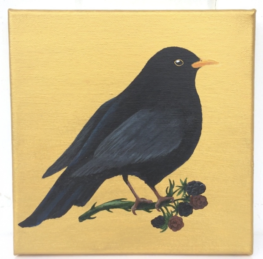 Garden Birds on Gold- Black Bird