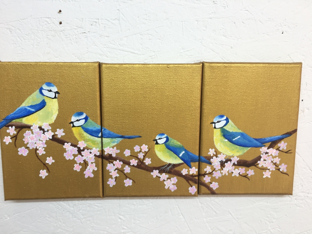 Garden Birds on Gold: Blue Tit Triptych