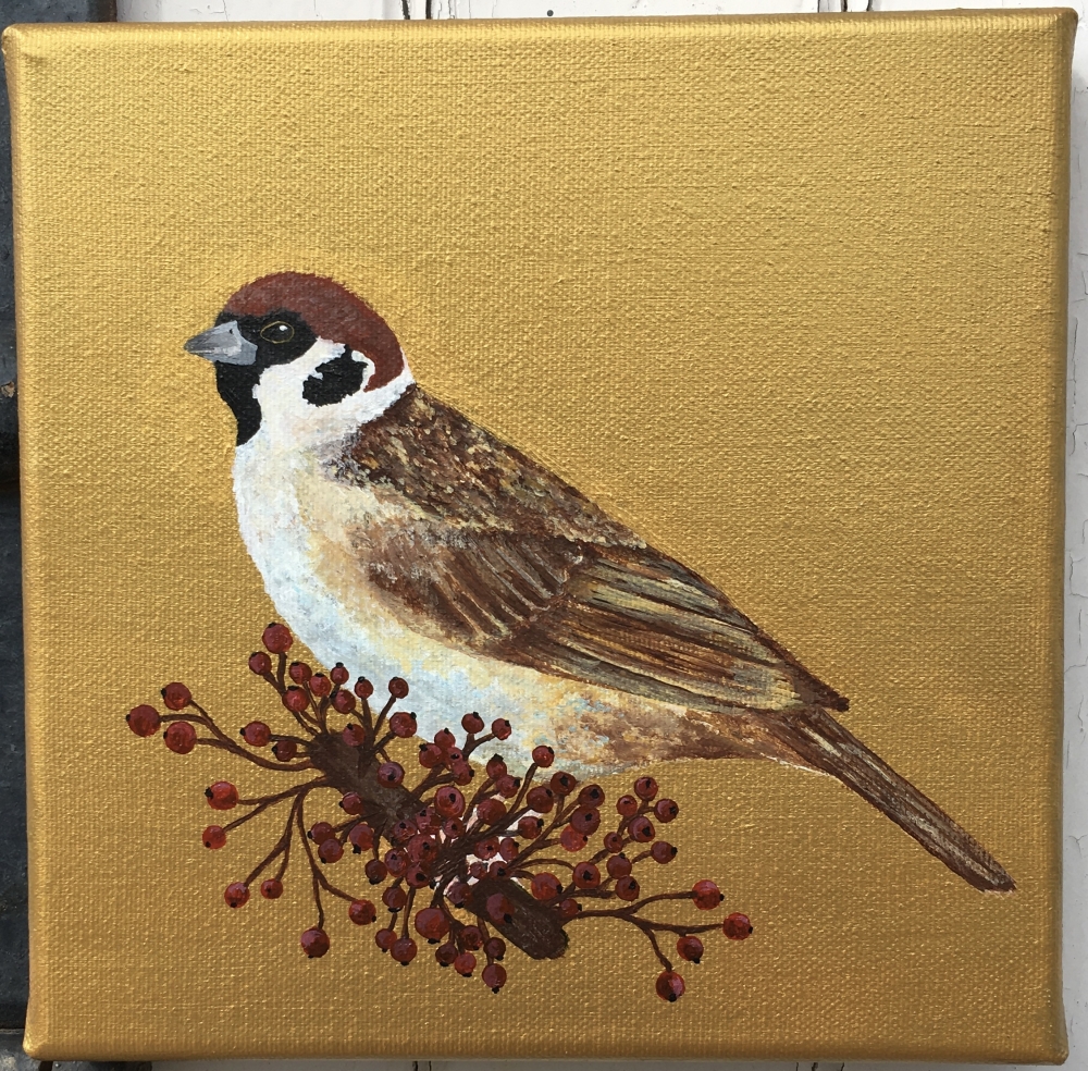 Garden Birds on Gold- Sparrow