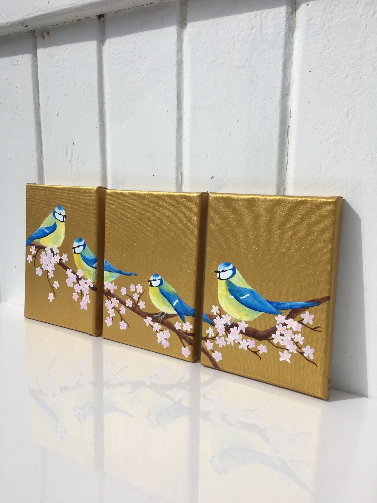 Garden Birds on Gold: Blue Tit Triptych