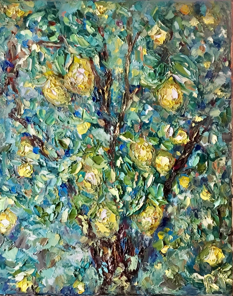 Citrus Garden – Lemon Tree Textured Oil Painting, Original Impasto Art on Stretched Canvas, 40x50 cm Handmade Artwork